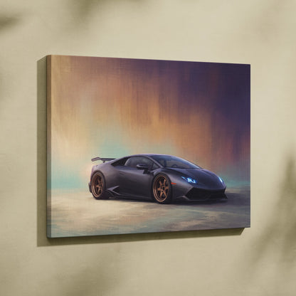 Black Lamborghini Huracán canvas print with copper wheels and glowing headlights against gradient sunset backdrop