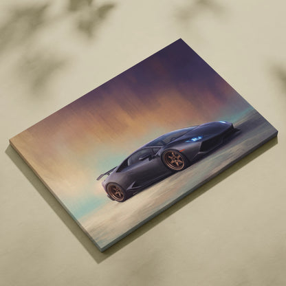 Black Lamborghini Huracán inspired canvas print featuring a sleek sports car with glowing blue headlights and bronze wheels