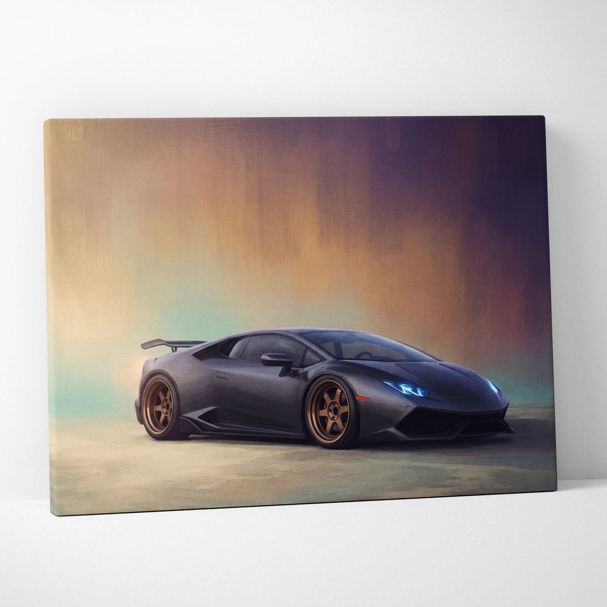 Black Lamborghini Huracán canvas print with bronze wheels and glowing blue headlights for car wall art track edition