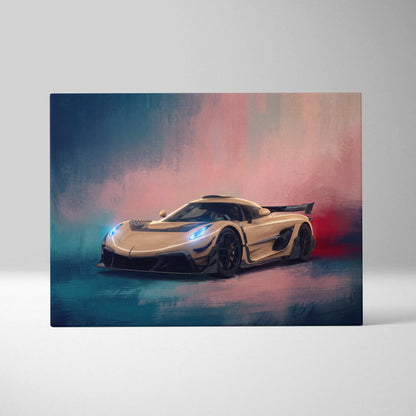 Koenigsegg jesko inspired supercar canvas art featuring a cream hypercar with blue headlights and black accents