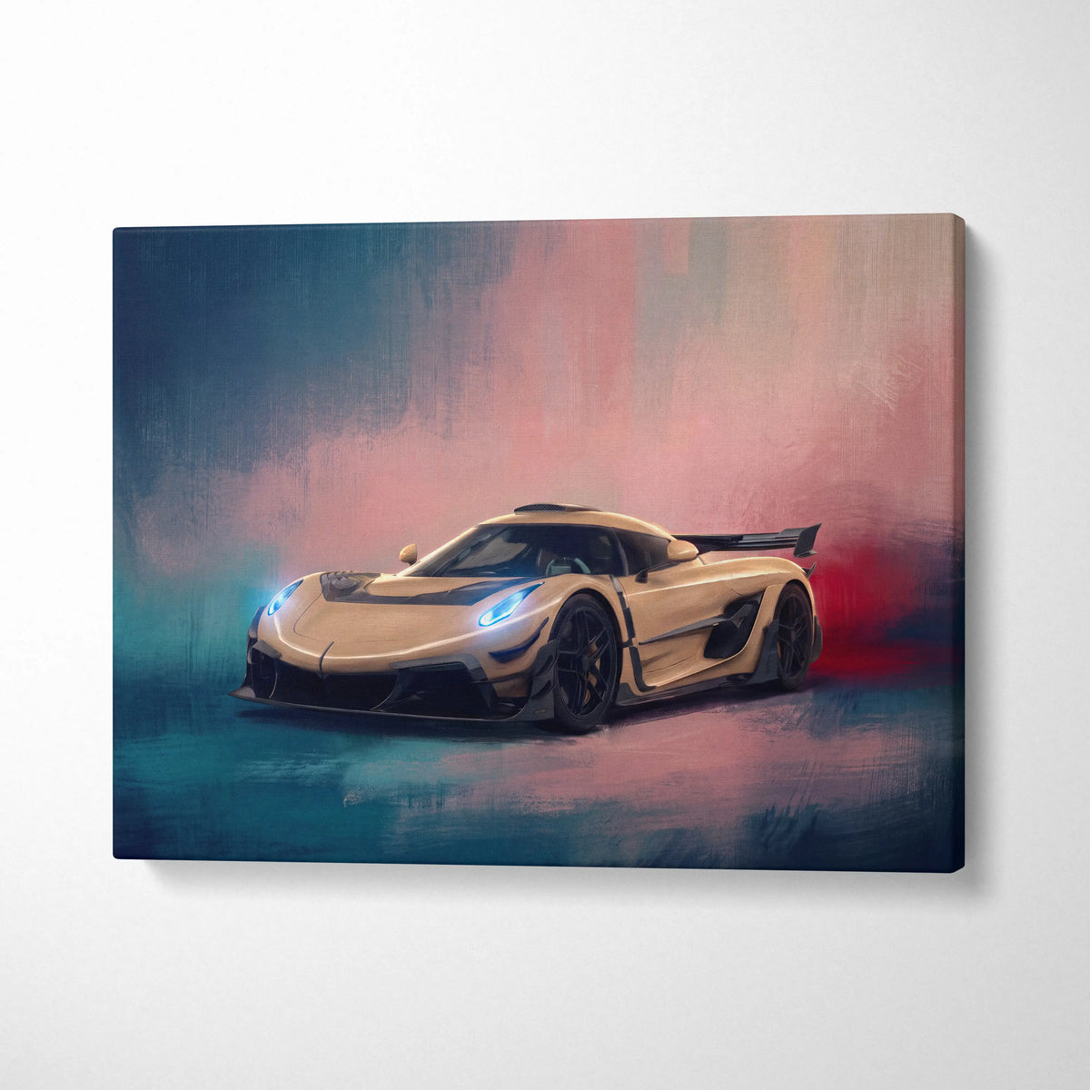 Koenigsegg Jesko inspired supercar canvas art print featuring a cream hypercar with glowing blue headlights and pink teal lighting