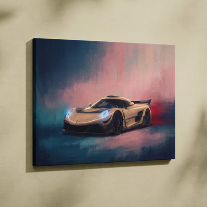 Koenigsegg Jesko inspired supercar canvas art print featuring a sleek beige hypercar with glowing blue headlights