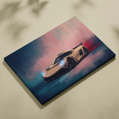 A koenigsegg jesko inspired supercar canvas print featuring a gold sports car with glowing blue headlights and dramatic sky background