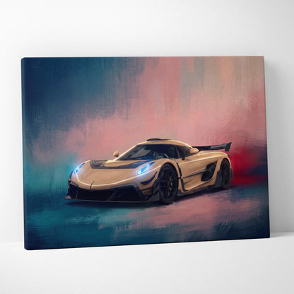 Koenigsegg jesko inspired supercar canvas art featuring a sleek beige hypercar with blue headlights and black accents