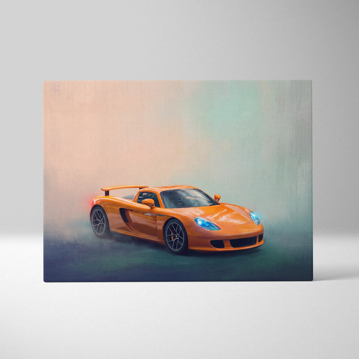 Porsche carrera gt inspired car wall art canvas print featuring vibrant orange sports car in smoky studio setting