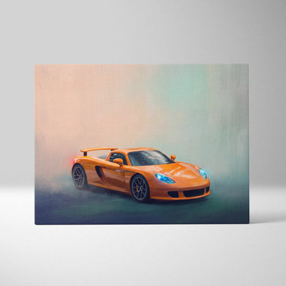 Porsche carrera gt inspired car wall art canvas print featuring vibrant orange sports car in smoky studio setting
