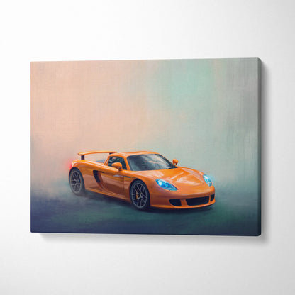 Vibrant orange Porsche Carrera GT inspired sports car on a dynamic painterly canvas print wall art track edition