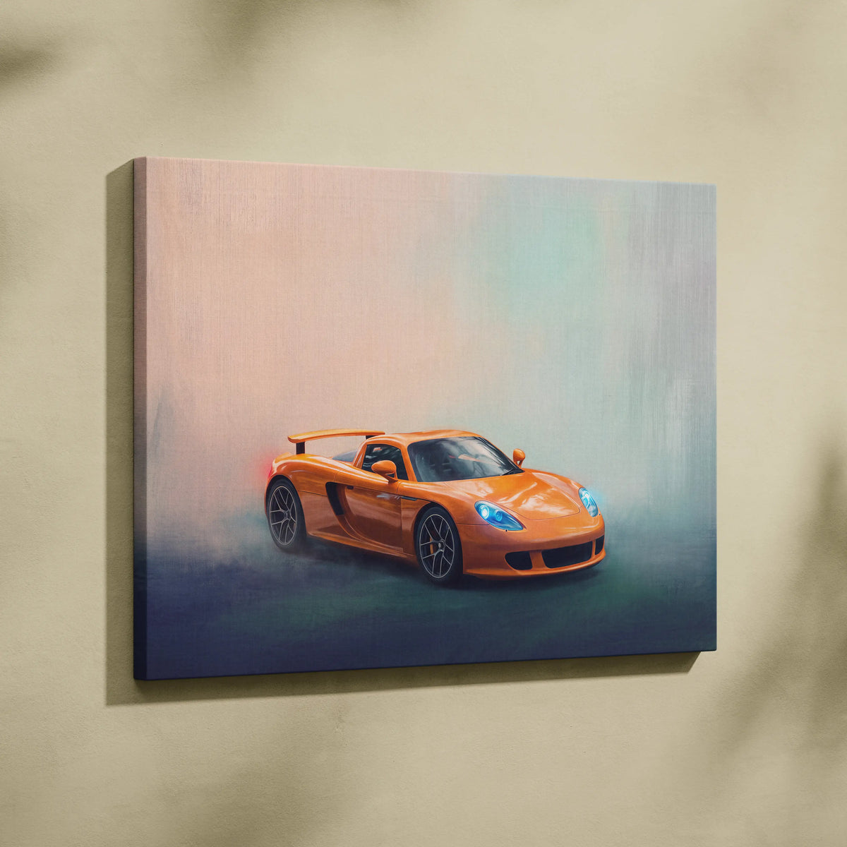 Vibrant orange porsche carrera gt sports car on misty track scene printed on stretched canvas wall art
