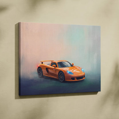 Vibrant orange porsche carrera gt sports car on misty track scene printed on stretched canvas wall art