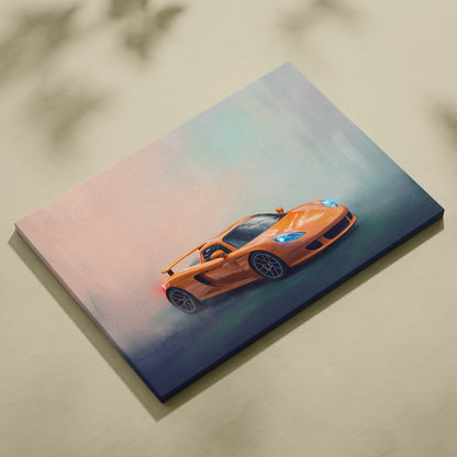 Orange mclaren sports car painting on canvas in Porsche Carrera GT inspired track edition wall art print