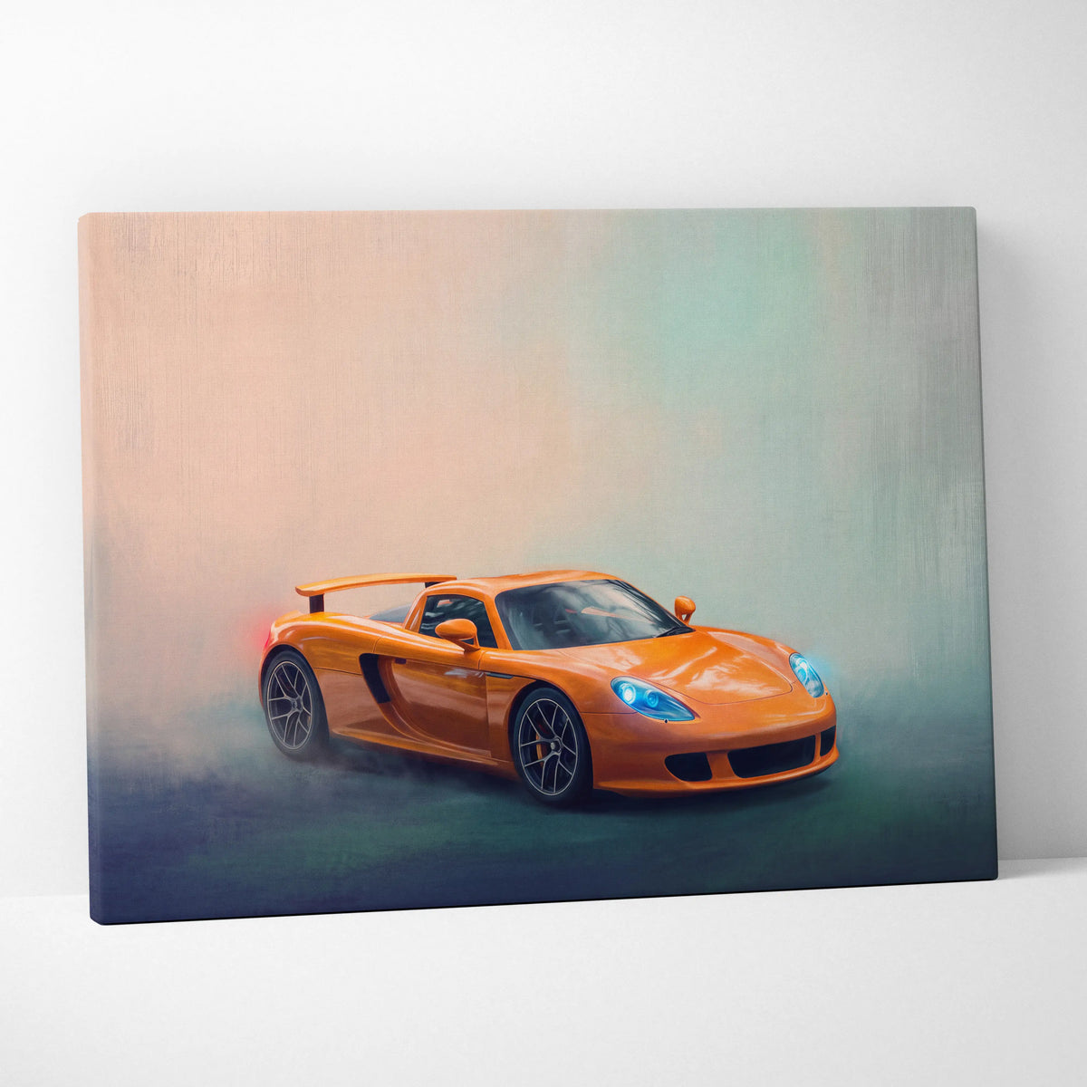 Porsche carrera gt inspired track edition canvas painting print featuring vibrant orange 918 spyder with glowing blue headlights