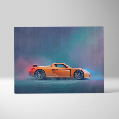 Premium automotive wall decor featuring vibrant orange porsche cayman gt4 with glowing blue and red ambient lighting