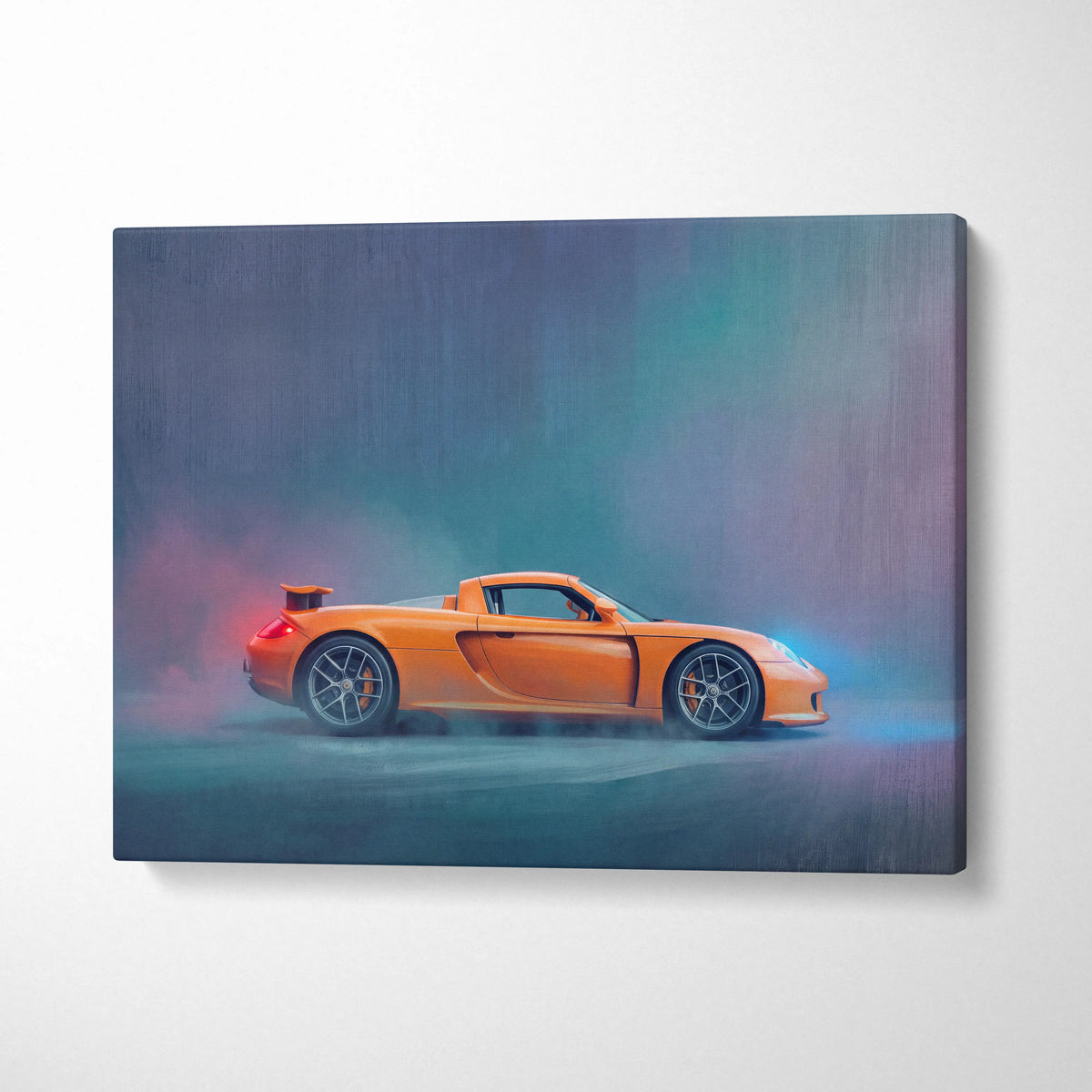 Orange porsche cayman sports car canvas print with vibrant neon lighting and smoke for premium automotive wall decor