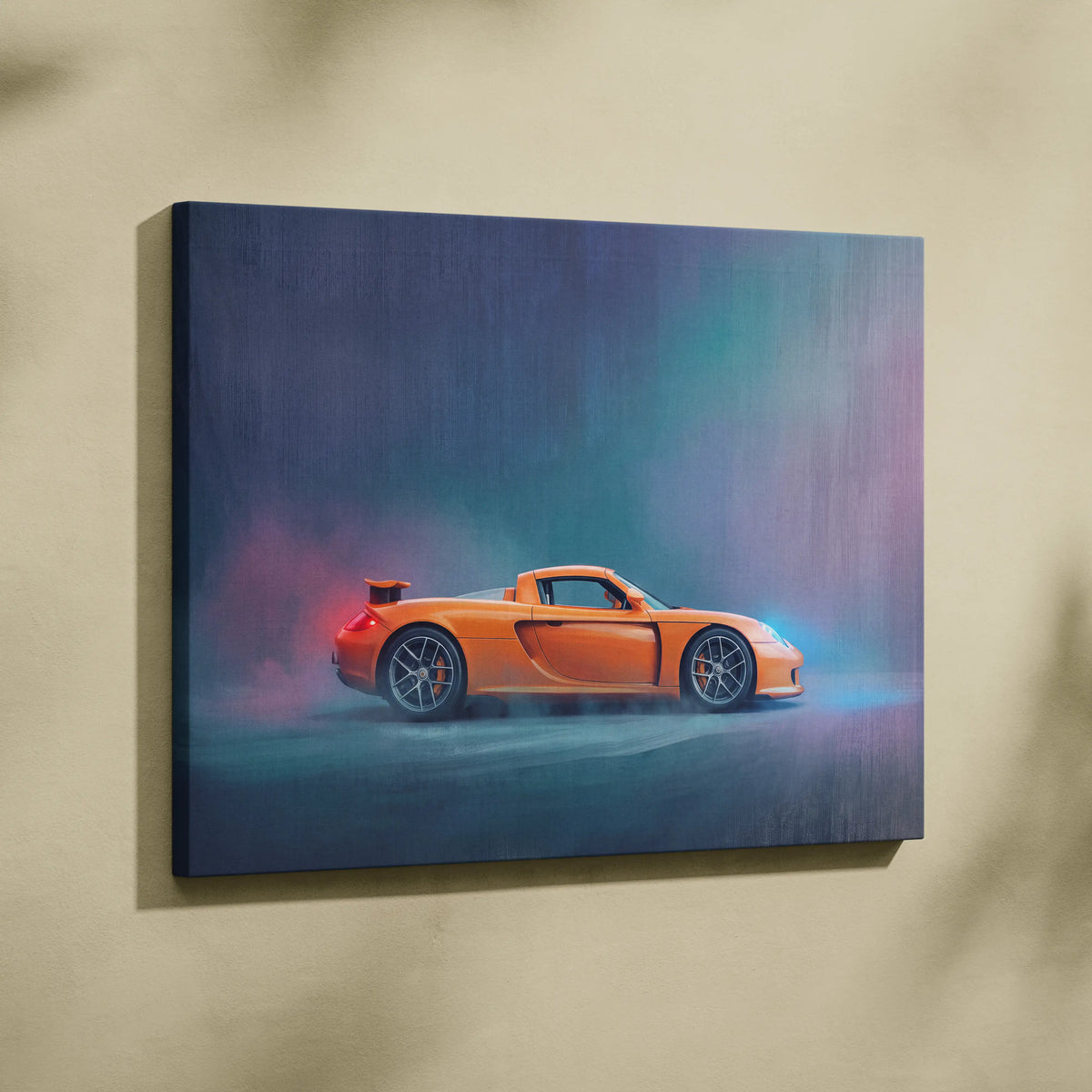 Porsche carrera gt inspired canvas art featuring a vibrant orange sports car in dynamic smoky design on stretched canvas