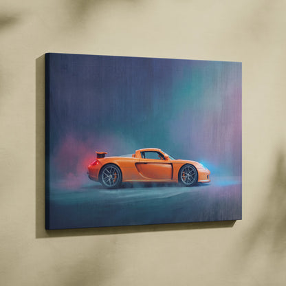 Porsche carrera gt inspired canvas art featuring a vibrant orange sports car in dynamic smoky design on stretched canvas