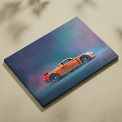 Porsche carrera gt inspired orange sports car on stretched canvas with vibrant blue and purple atmospheric effects wall decor