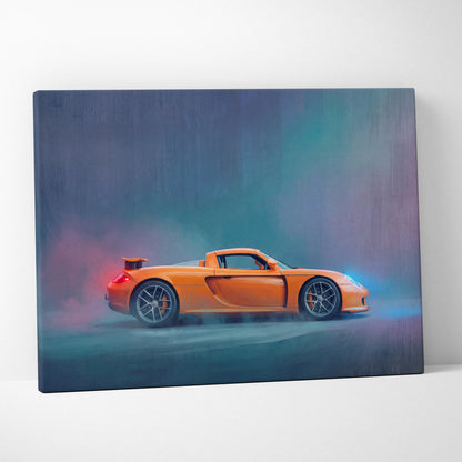 Porsche Carrera GT inspired canvas art featuring a vibrant orange Porsche Cayman with glowing blue and red effects