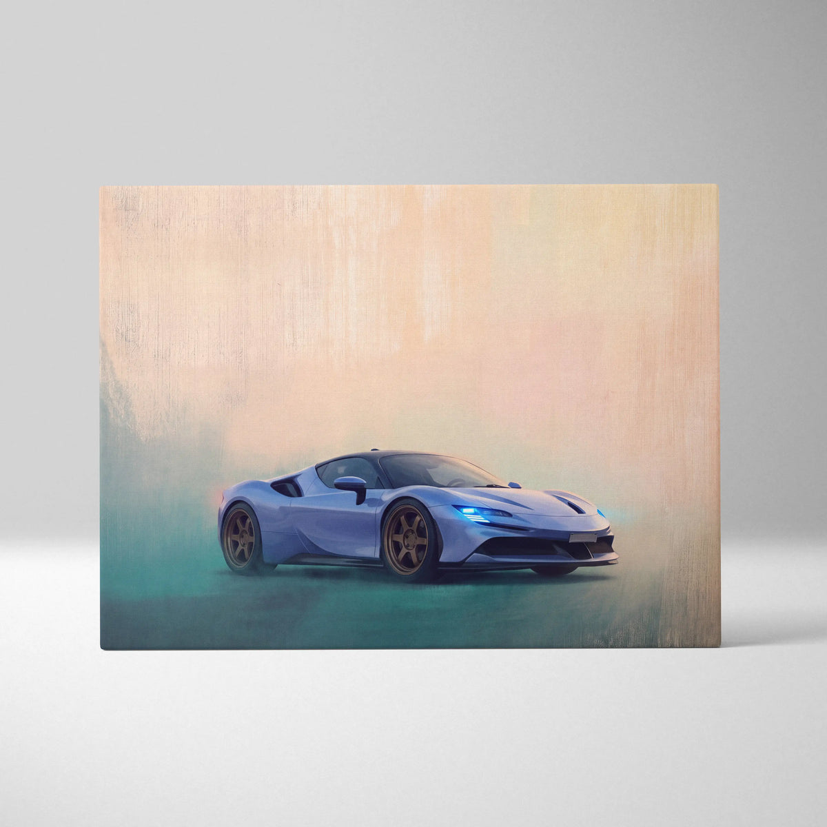 A sleek light blue Ferrari SF90 Stradale inspired canvas art with bronze wheels and glowing headlights for wall decor