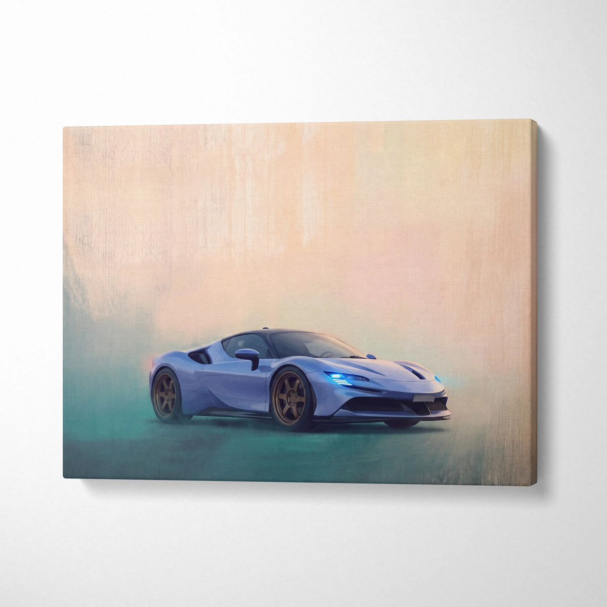 Ferrari sf90 stradale inspired canvas art featuring a light blue sports car with glowing headlights and bronze wheels