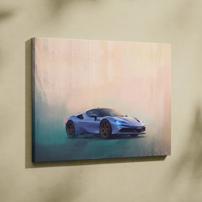 A sleek light blue Ferrari SF90 Stradale inspired canvas art with subtle gradient background for premium wall decor
