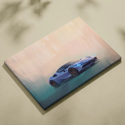 A sleek light blue ferrari sf90 stradale inspired sports car illustration printed on a rectangular canvas wall decor