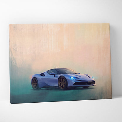 A sleek light blue Ferrari SF90 Stradale inspired canvas art featuring a dynamic automotive design for wall decor