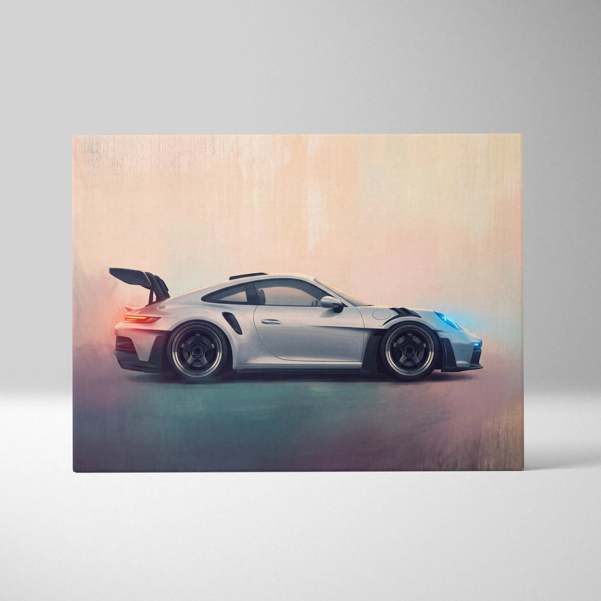 Silver Porsche 911 GT3 RS sports car canvas print with black racing stripes and glowing blue accents wall art
