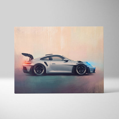 Silver Porsche 911 GT3 RS sports car canvas print with black racing stripes and glowing blue accents wall art