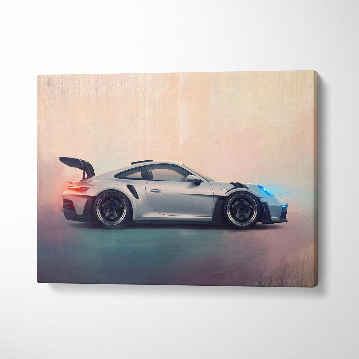 Silver Porsche 911 GT3 RS canvas print with glowing blue and orange accents for luxury automotive wall art