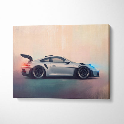 Silver Porsche 911 GT3 RS canvas print with glowing blue and orange accents for luxury automotive wall art