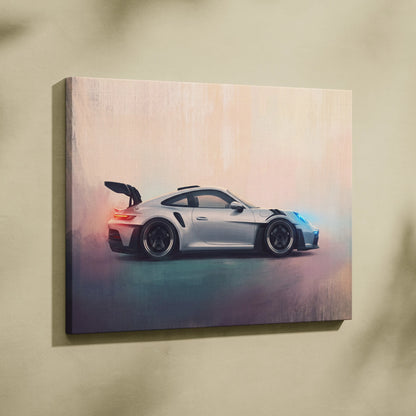 Silver Porsche 911 GT3 RS luxury supercar canvas print with glowing blue and red accents for automotive wall art