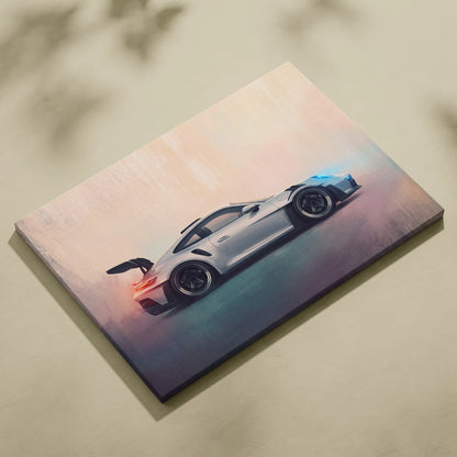 Silver porsche 911 gt3 rs inspired sports car canvas print with glowing blue and red accents for automotive wall art