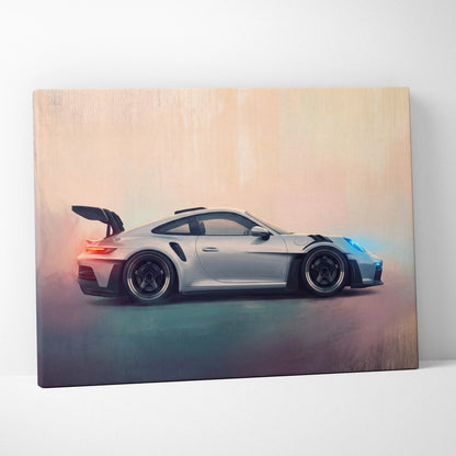 Silver porsche 911 gt3 rs canvas print featuring sleek sports car with black racing stripes for luxury wall art