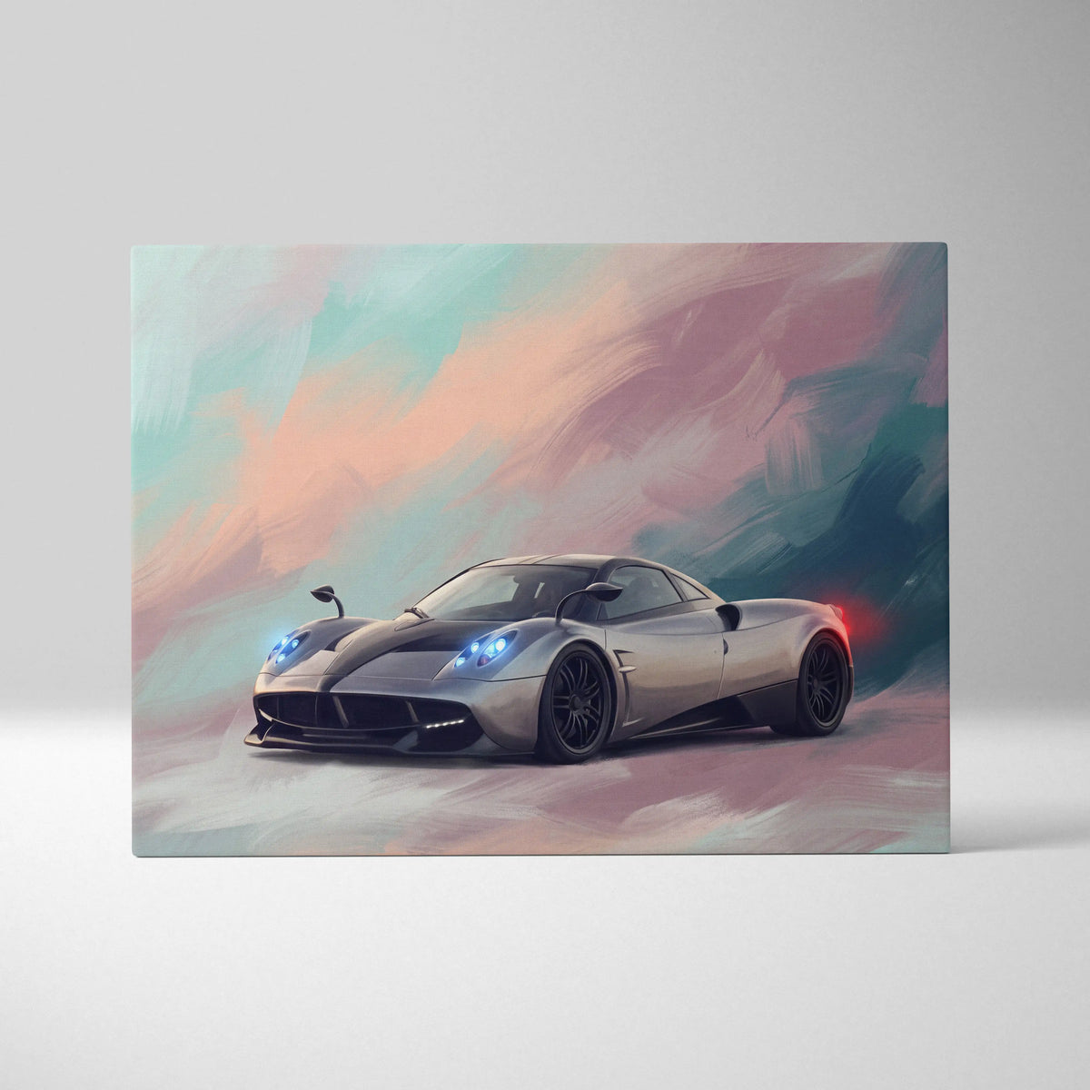 Silver pagani huayra inspired supercar canvas art with glowing blue headlights and black rims wall art print