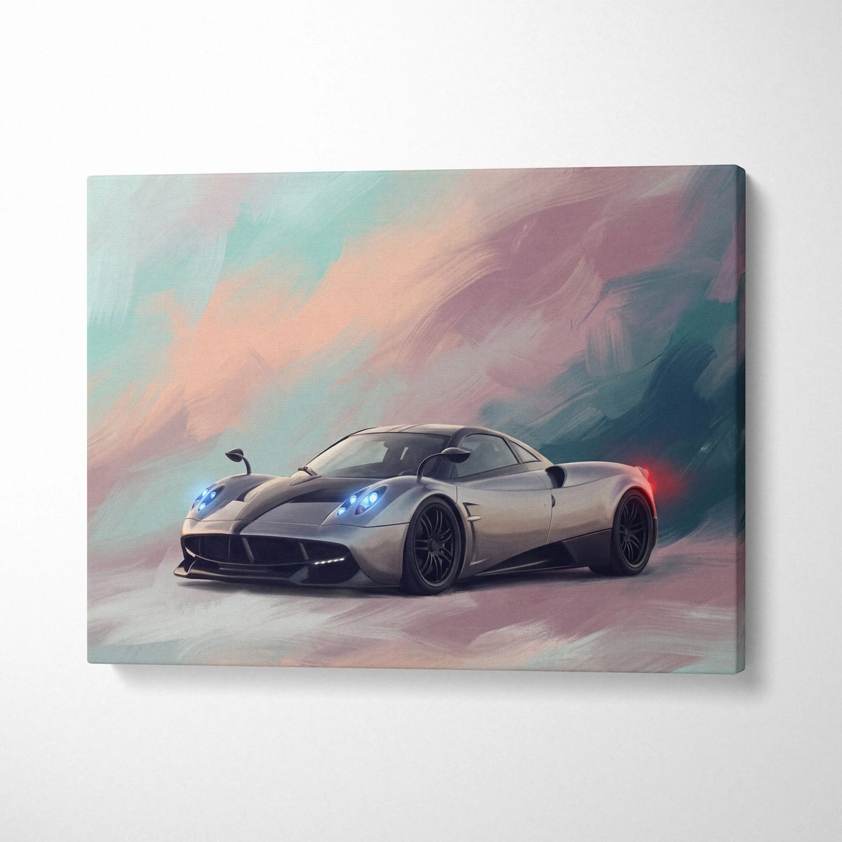 Silver pagani huayra sports car with glowing blue headlights and black rims in stylized canvas art print
