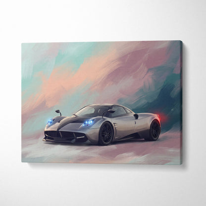 Silver pagani huayra sports car with glowing blue headlights and black rims in stylized canvas art print