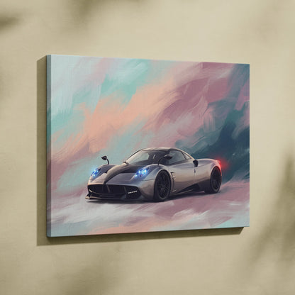 Silver Pagani Huayra hypercar canvas art print with glowing blue headlights on abstract pastel sky background