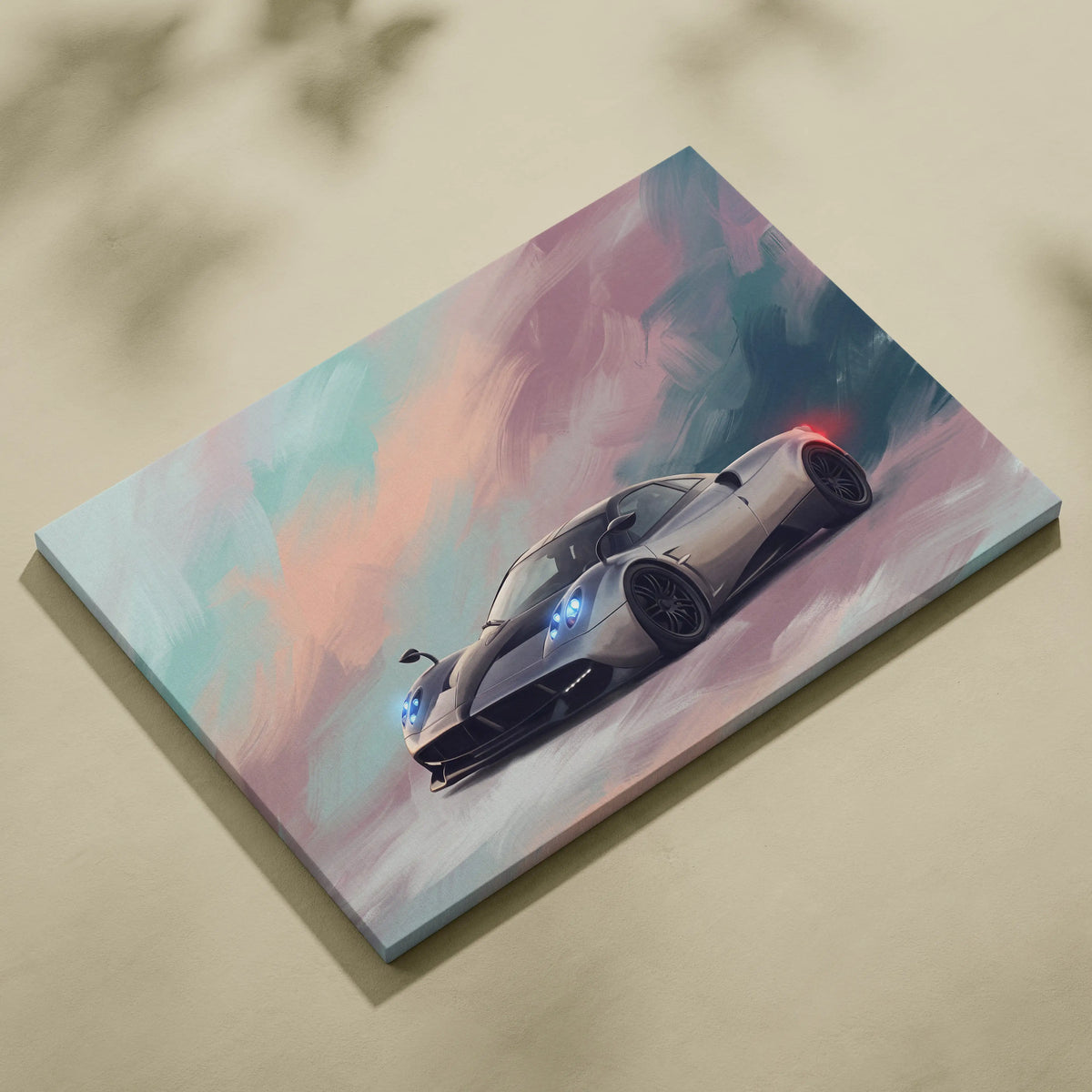 A sleek silver pagani huayra hypercar stylized painting on stretched canvas for custom car wall art print