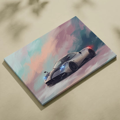 A sleek silver pagani huayra hypercar stylized painting on stretched canvas for custom car wall art print