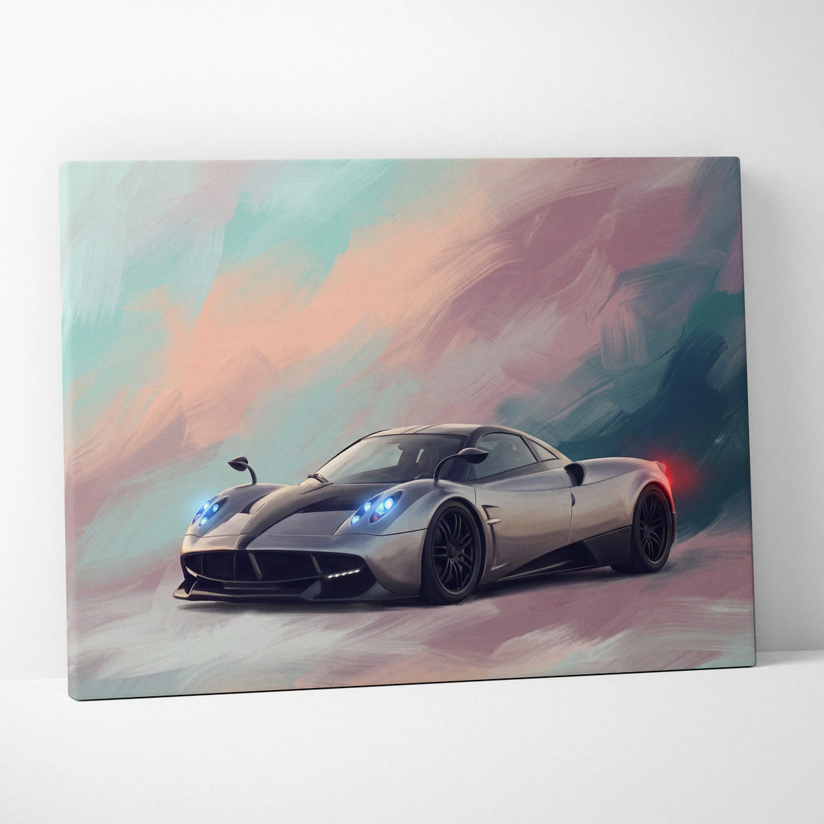 Silver Pagani Huayra hypercar canvas art print with glowing blue headlights and vibrant pastel sky backdrop