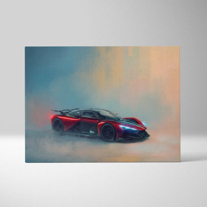Zenvo Aurora Agil inspired canvas art featuring red and black hypercar painting with glowing blue headlights for wall decor