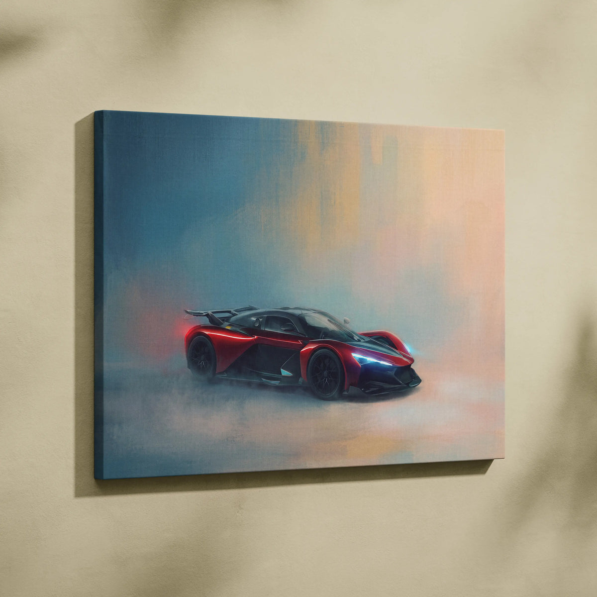 Vibrant red and black zenvo aurora agil inspired canvas art with glowing blue accents premium automotive wall decor