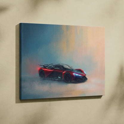 Vibrant red and black zenvo aurora agil inspired canvas art with glowing blue accents premium automotive wall decor