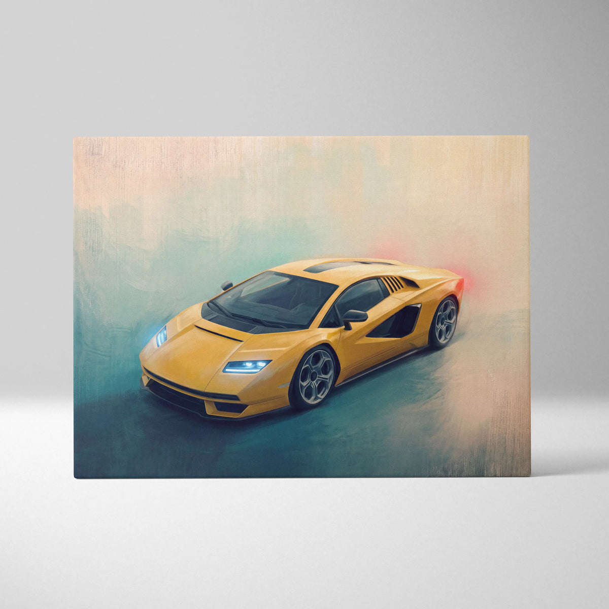 Vibrant yellow lamborghini countach lpi 800-4 inspired car wall art in dynamic painterly style on canvas print