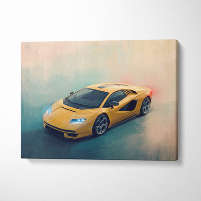 Vibrant yellow Lamborghini Countach LPI 800-4 inspired canvas print featuring sleek angular design with black accents