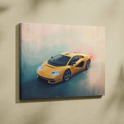 A vibrant yellow Lamborghini Countach LPI 800-4 inspired sports car canvas print wall art track edition