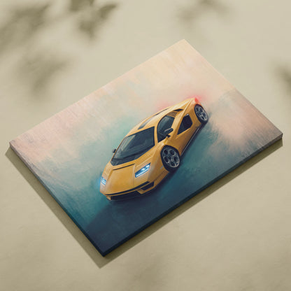 Lamborghini Countach LPI 800-4 inspired vibrant yellow sports car canvas wall art in a dynamic painterly style