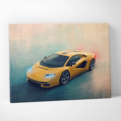 Vibrant yellow Lamborghini Countach LPI 800-4 inspired canvas print featuring a sleek futuristic sports car design