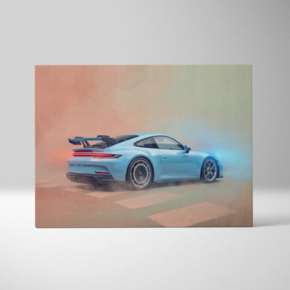 Light blue Porsche 911 GT3 RS sports car canvas print showing the back with rear spoiler and glowing red taillights