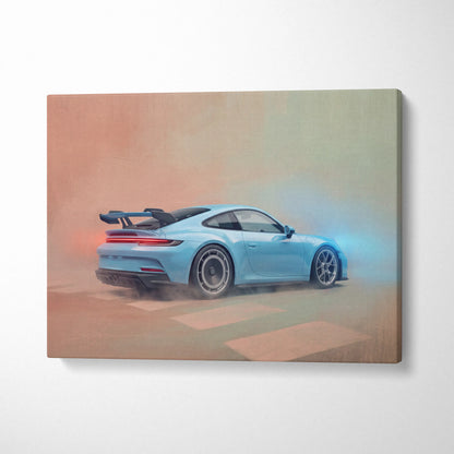 Light blue Porsche 911 GT3 RS inspired sports car canvas print showing rear view with glowing taillights and spoiler